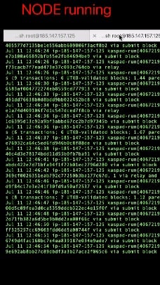 A terminal window titled 'NODE running' displaying green text on black background, showing IP addresses from a Beijing subnet and a steady stream of 'submit block' and 'transaction' entries.