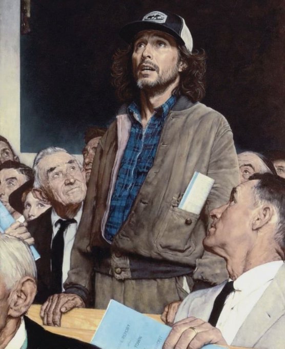 A man in a trucker cap and worn brown jacket stands at a podium holding papers with "TOWN MEETING" visible, surrounded by attentive listeners in a realistic painting style. The image playfully personifies the caption's theme of "saving bitcoin" like a modern knight on a noble quest, with the man's earnest, upward gaze evoking a heroic or preacher-like presence amid his congregation.