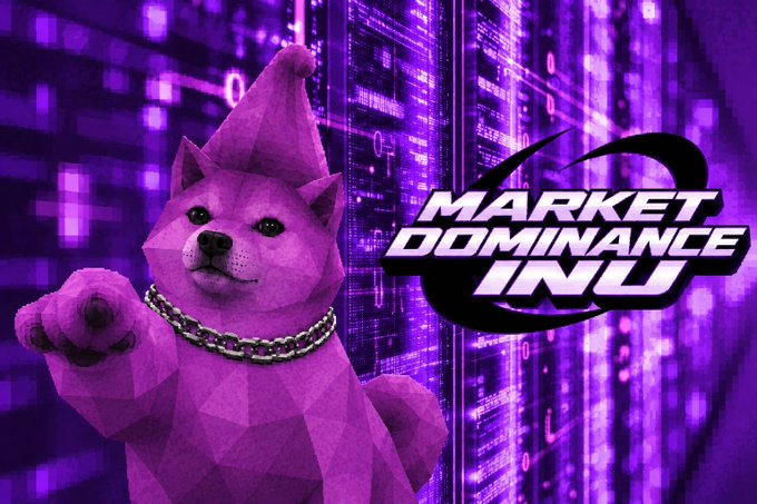 A 3D-rendered purple Shiba Inu dog with a gold chain appears next to bold text reading 'MARKET DOMINANCE INU' against a purple digital cityscape.