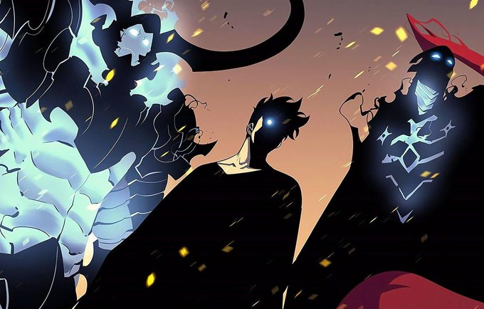 A stylized illustration of a central silhouetted figure flanked by two glowing, monstrous entities with sharp features and bright blue accents against a dark background.
