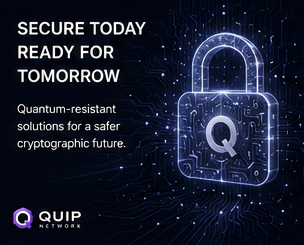 The image features a lock with a Q symbol on top of it, surrounded by blue lines against a black background. The text "SECURE TODAY READY FOR TOMORROW" is written above the lock, and "QUIP network" is written below it. The image also includes a caption that reads: "The interesting thing about post quantum security is that even if the threat timeline is uncertain, infrastructure timelines aren't That's why early preparation matters And that’s clearly the angle @quipnetwork is taking".