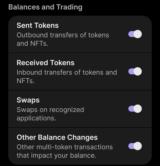 A 'Balances and Trading' settings menu with toggle options enabled for 'Sent Tokens', 'Received Tokens', 'Swaps', and 'Other Balance Changes' for tracking token and NFT transfers.