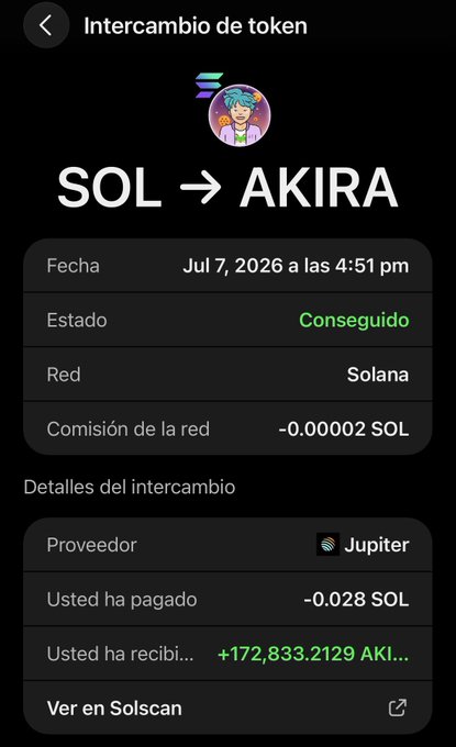A successful token swap confirmation showing 0.028 SOL exchanged for +172,833.2129 AKIRA tokens via Jupiter on the Solana network on July 7, 2026. This directly illustrates the post's claim of adding over 170K $AKIRA to the user's holdings, bringing them closer to 70M tokens on their way to 70M.