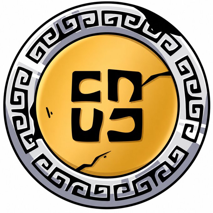 A cartoon-style gold coin with cracked black markings and a silver border featuring a Greek key pattern, representing the Cash Cat ($CASH) cryptocurrency.