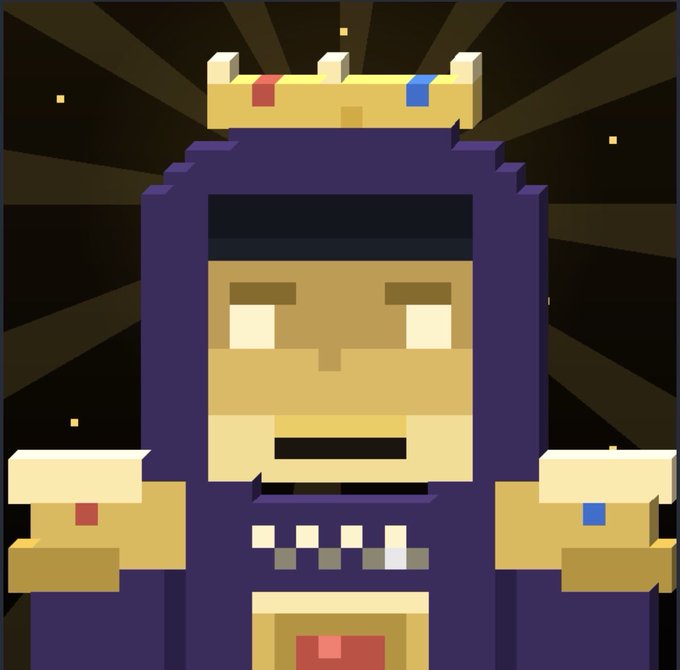 A pixel art king character wearing a purple robe and gold crown, displayed against a dark sunburst background, accompanies a post celebrating the price surge of StackersXYZ NFTs from $4.50 to $80, symbolizing the community's triumphant gains.