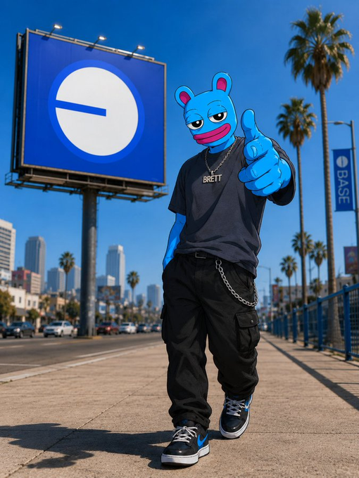 A blue cartoon bear mascot wearing a 'BRETT' t-shirt and chain, giving a thumbs-up on a Los Angeles sidewalk with a BASE billboard behind him.