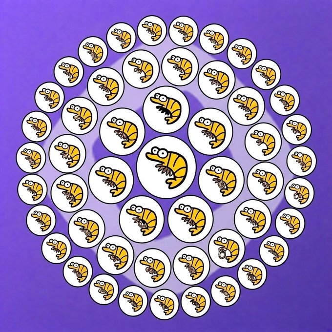 A spiral pattern of cartoon shrimp illustrations arranged in concentric circles against a purple background, forming a swirling design.