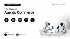 A presentation slide titled 'The State of Agentic Commerce' featuring robot illustrations and various logos at the bottom.