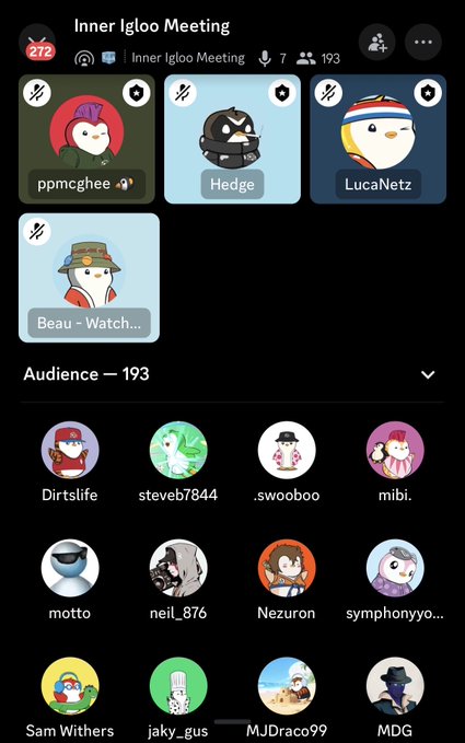 A screenshot of a Discord-style voice channel titled "Inner Igloo Meeting" showing 7 active speakers and 193 audience members, with penguin-themed avatars including usernames like ppmcghee, Hedge, LucaNetz, Beau-Watch, Dirtslife, steveb7844, and swooboo.