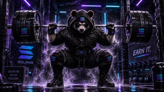 A digital artwork of an anthropomorphic bear in a black hooded outfit lifting a barbell loaded with Solana-branded weights, with 'SOLANA' and 'EARN IT.' text visible in the neon-lit background.