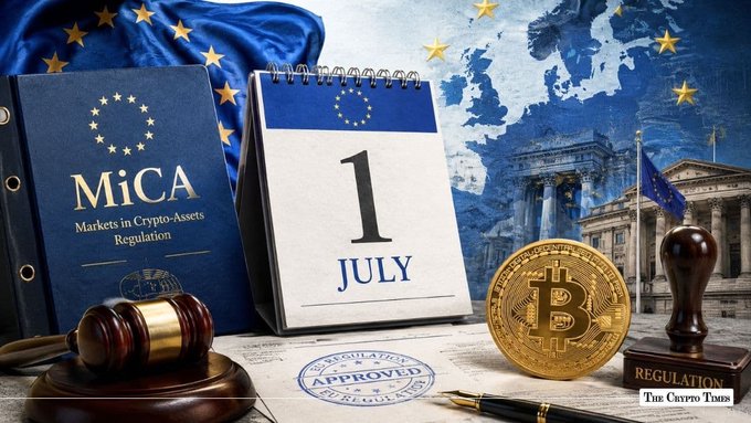 A news graphic about the EU's MiCA (Markets in Crypto-Assets) Regulation featuring a July 1 date, Bitcoin coin, gavel, EU flag, and 'APPROVED' stamp, credited to The Crypto Times.
