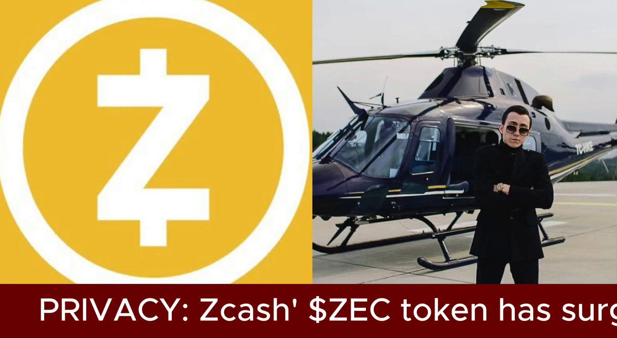 The image features a man standing next to a helicopter with the words "PRIVACY" and "Zcash" written above him. The text also includes the phrase "ZEC has returned a 9x profit over the past year... While major altcoins and practically the entire crypto market was suffering crippling losses, @ZEC has been quietly surging".