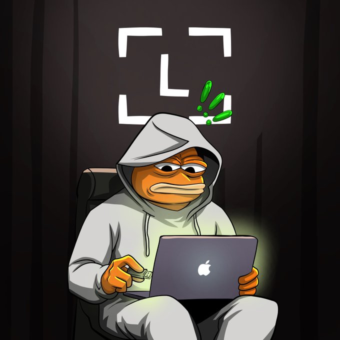 A cartoon illustration of an orange fish-like character wearing a grey hoodie, sitting in a dark room and holding money while using a glowing Apple laptop, with a loading or scanning bracket icon and green exclamation marks appearing above.