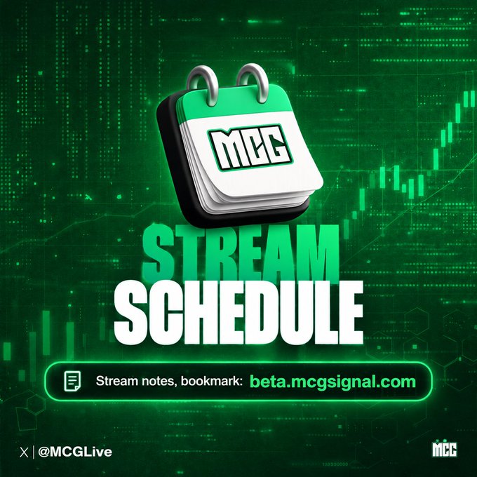 Green-themed 'Stream Schedule' graphic for MCG with a calendar icon, directing viewers to beta.mcgsignal.com and the @MCGLive X account.