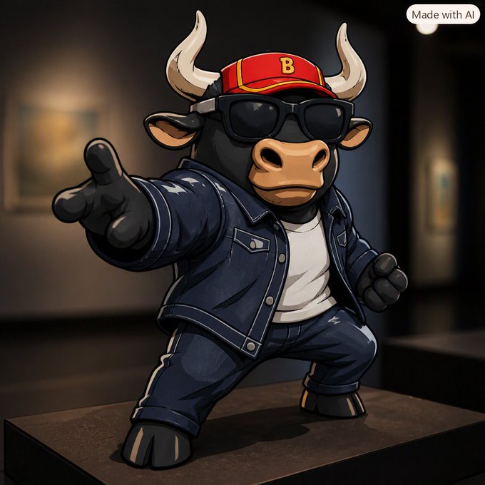 A cartoon bull mascot wearing sunglasses, a red baseball cap with the letter "B", and a denim jacket points forward; the image has a "Made with AI" label in the corner.