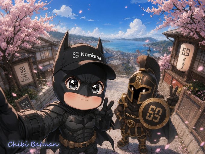 An anime-style illustration featuring chibi Batman and a chibi Spartan warrior wearing 'Nomisma' branded caps, taking a selfie in a Japanese village setting with cherry blossoms.