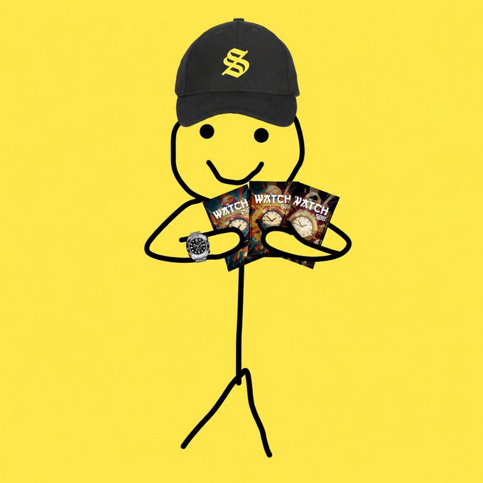 A simple stick figure with a smiley face wears a black baseball cap with a gold 'S' logo and holds watch catalogs and a wristwatch against a yellow background.