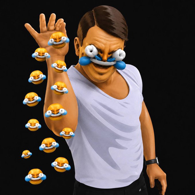 A digital illustration of a smiling man in a white tank top with a googly-eyed emoji on his face, holding up a hand from which several laughing-crying emojis appear to be falling or floating.