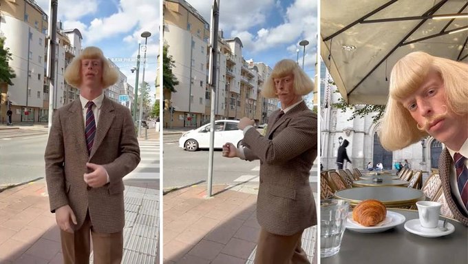A blonde man in a tweed jacket and tie appears in three AI-generated scenes—one standing on a city street, one checking his watch near a white car, and one sitting at a café table with a croissant and espresso—illustrating the realistic yet uncanny AI characters circulating on Instagram to promote crypto coins through viral Reels.