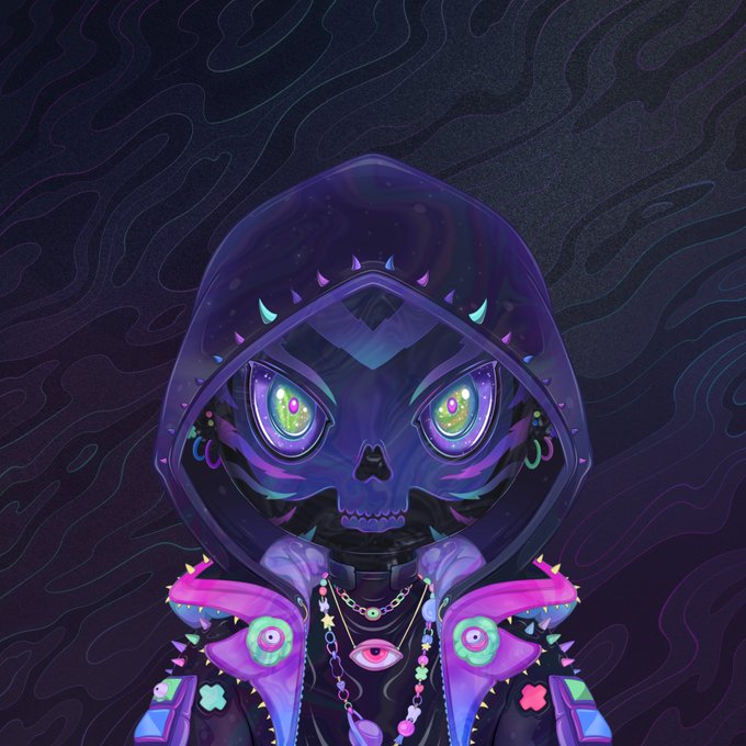 A digital illustration of a purple hooded skeletal figure with glowing green eyes, adorned with decorative elements including mushrooms, eye imagery, and ornate shoulder pieces against a dark wavy background.