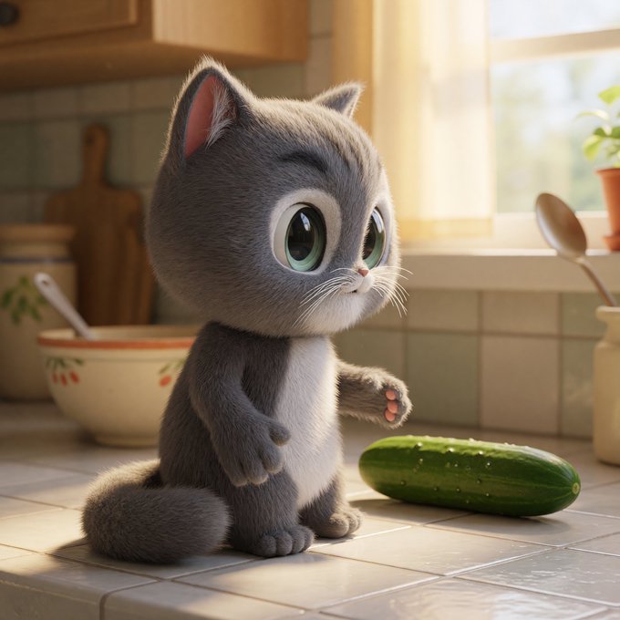 A 3D animated gray cartoon kitten with large green eyes stands on a kitchen counter next to a whole green cucumber.