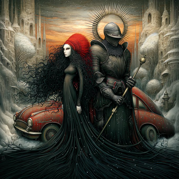 The image features two people, one dressed as a woman with long hair wearing a red hat and the other dressed as a knight in full armor holding a sword. They are standing next to an old car that has been repurposed into a sculpture or art piece. The background of the image is filled with buildings, giving it a medieval theme. The post includes text such as "Good evening, dear friends! Hope you had a wonderful Tuesday!" and "#DuckylemonArt #TezosTuesday".