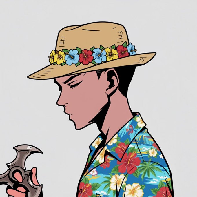 A side-profile cartoon illustration shows a man wearing a straw hat adorned with tropical hibiscus flowers and a matching floral Hawaiian shirt, holding a small metal object. The relaxed, tropical island aesthetic paired with the cheerful "Gm, it's a great day" greeting evokes a carefree morning vibe, as if the character is enjoying a sunny paradise start to the day.