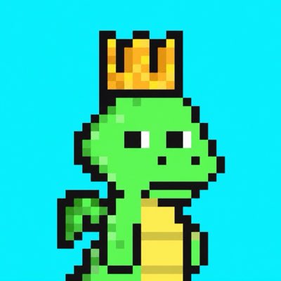 A pixel art illustration of a green dinosaur character wearing a gold crown against a blue background.
