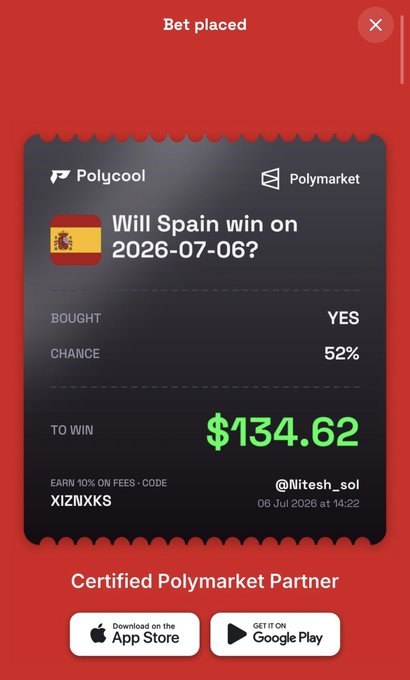 A confirmation screen from Polycool showing a $134.62 winning bet on "Will Spain win on 2026-07-06?" with a 52% chance, supporting the poster's claim that they backed Spain over Portugal via the Polycool app's Polymarket integration.