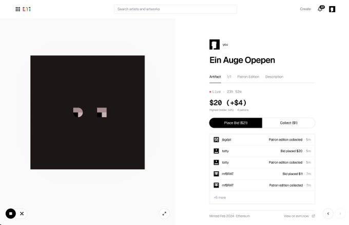 Screenshot of a networked.art auction page displaying the artwork "Ein Auge Oepeп" by Vlü, a Patron Edition being auctioned for $20 (+$4) with the highest bid placed by totty at $20, and 5 minutes remaining (23h 52m). The page shows recent activity from users like popstr, totty, and eRBAT placing bids and collecting the patron edition, confirming the live native auction referenced in the accompanying post.