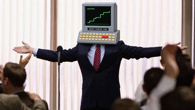 A man in a pinstripe suit and red tie stands at a podium with outstretched arms, his head replaced by a vintage computer monitor labeled "DOW JONES INDUSTRIAL AVERAGE" and "DISKEY PRINTER 3000," displaying a rising green stair-step graph. The image satirizes the post's reaction to a price update, visualizing the dramatic, robotic triumph of watching a stock or item price climb.