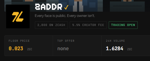 A cryptocurrency token page displays 'ZADDR' with the tagline 'Every face is public. Every owner isn't.', showing a floor price of 0.023 ZEC, 2,800 on ZCASH, a 5.5% creator fee, and a 'TRADING OPEN' status.