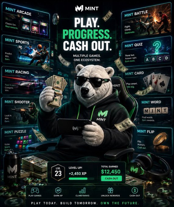 Promotional poster for the MINT gaming ecosystem featuring a polar bear mascot in sunglasses holding cash and a tablet, surrounded by game categories like MINT ARCADE, BATTLE, SPORTS, QUIZ, RACING, CARD, SHOOTER, WORD, PUZZLE, and FLIP, with the tagline 'PLAY. PROGRESS. CASH OUT.'