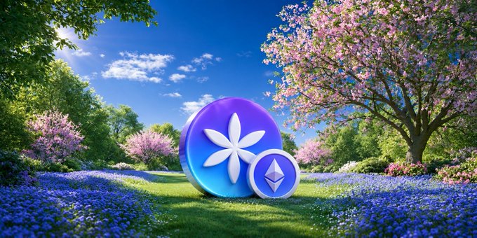 A vibrant digital render shows a large purple coin featuring a white flower emblem alongside the recognizable Ethereum (ETH) diamond logo, set in a lush garden filled with bluebonnets and cherry blossoms. The imagery visually ties the announcement of "ETH*," a yield-bearing wrapper combining ETH exposure with USD* yield, by symbolizing growth and a "garden" of new financial products in full bloom.