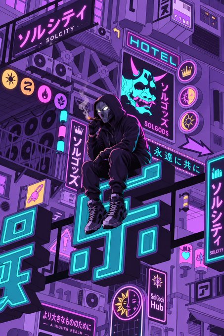 A stylized cyberpunk illustration shows a masked, hooded figure sitting on neon signage in a vibrant purple Japanese cityscape, with 'SOLCITY' branding and 'A HIGHER REALM' text visible.