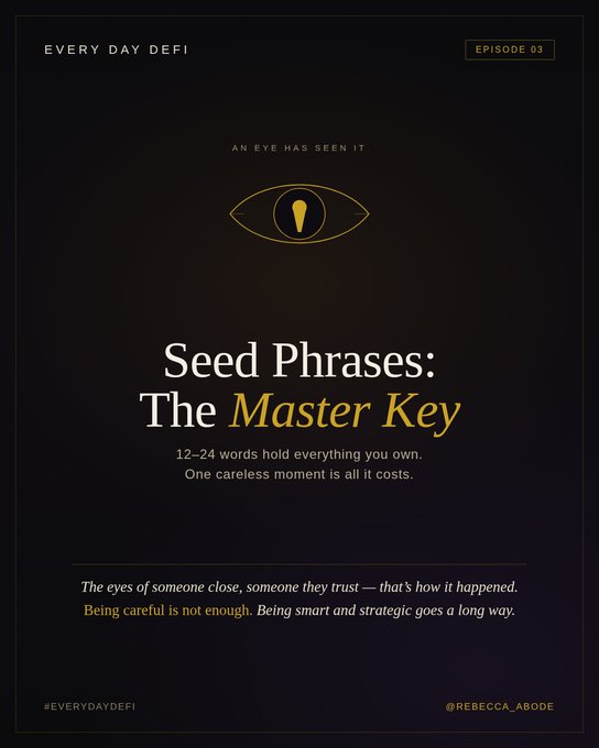 A podcast cover titled 'Every Day DeFi - Episode 03' features an eye logo and discusses seed phrases as 'The Master Key,' warning that 12-24 words hold everything you own, credited to @REBECCA_ABODE.