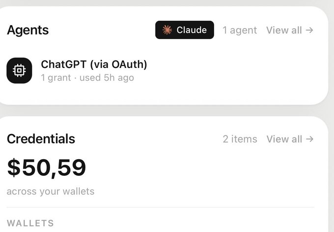 This image shows a wallet with $50.59 in credentials and lists "ChatGPT (via OAuth)" and "Claude" as agents. The post mentions an airdrop from @moonpay, likely relating to the crypto context implied by the image.