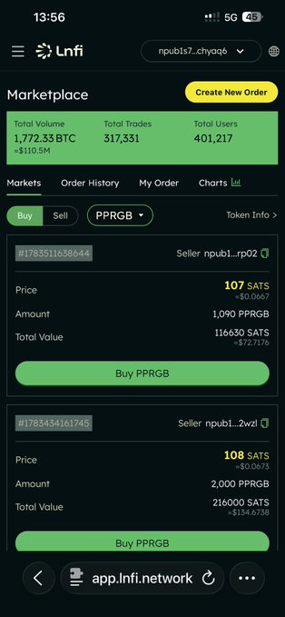 Mobile screenshot of the Lnfi Marketplace app showing total volume of 1,772.33 BTC and buy listings for PPRGB token priced at 107 and 108 SATS.