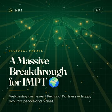 A promotional graphic with the IMPT logo reads "REGIONAL UPDATE: A Massive Breakthrough for IMPT" and welcomes new Regional Partners, featuring a green map design with a globe emoji.