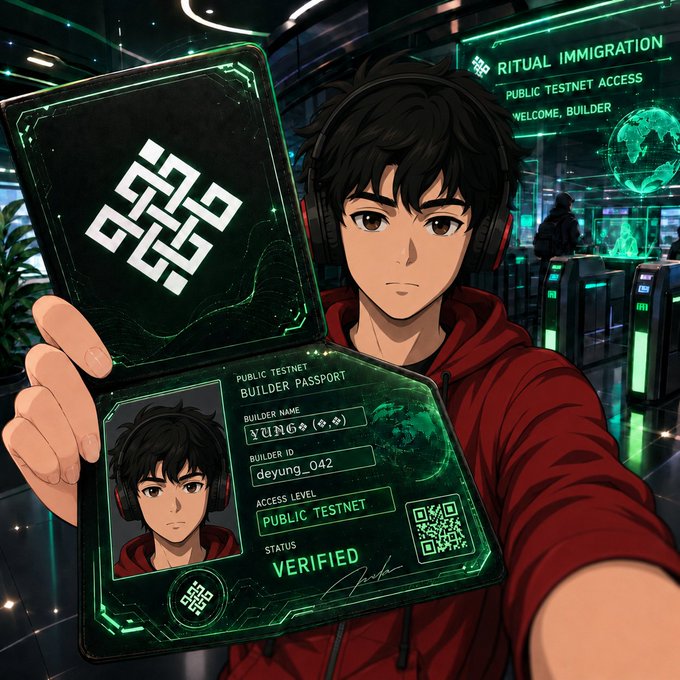 A young builder in a red hoodie and headphones holds up their Ritual "Builder Passport" for the Public Testnet, displaying their ID "deyung_042" with a VERIFIED status, while a "RITUAL IMMIGRATION / PUBLIC TESTNET ACCESS / WELCOME, BUILDER" sign glows in the background. The image visually represents the passport acquisition step described in the post before entering Ritual's Public Testnet.