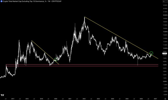 A long-term TradingView chart showing 'Crypto Total Market Cap Excluding Top 10 Dominance, %' from 2017 to 2026, featuring a descending triangle pattern with yellow trendlines indicating a potential breakout.