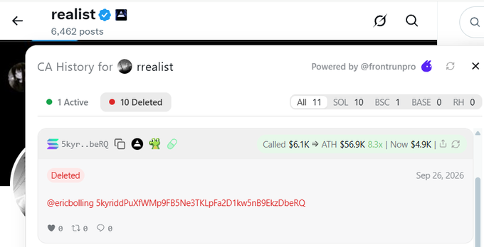 A screenshot of a CA History tracking panel for the X/Twitter user "rrealist" showing 11 total contracts (1 active, 10 deleted), with one recently deleted address called out. The image supports the post by @ericbolling accusing @AxiomExchange of associating with scammers who stole $25,000, providing the deleted contract address 5kyrrd...beRQ as evidence of the scam.