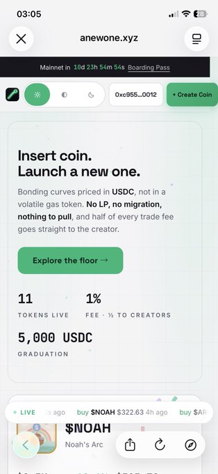 A mobile screenshot of anewone.xyz showing a token launch platform with stats '11 TOKENS LIVE', '1% FEE', and '5,000 USDC GRADUATION', along with a live trade for '$NOAH Noah's Arc' at $322.63.