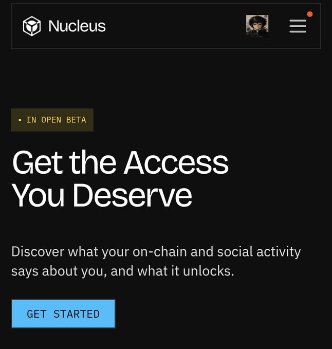 Mobile screenshot of the Nucleus app landing page, marked 'IN OPEN BETA', promoting on-chain and social activity analysis with a 'GET STARTED' button.