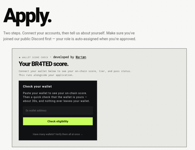 The image shows an "Apply." page for the BR4TED community, featuring instructions to connect accounts and join their Discord, along with a "WALLET SCORE CHECK" tool developed by Marten that allows users to paste their wallet address to view their on-chain score, tier, and pass status. This visually supports the post's claim that BR4TED membership is determined by a wallet score threshold (60+ to pass, with 80–100 being ideal), highlighting the on-chain verification process applicants must complete.