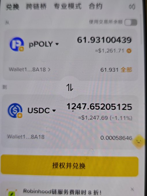 Screenshot of a cryptocurrency exchange interface in Chinese showing a swap of 61.93100439 pPOLY (≈$1,261.71) to 1247.65205125 USDC (≈$1,247.69), with a yellow '授权并兑换' (Authorize and Exchange) button and a Robinhood chain service fee notice.