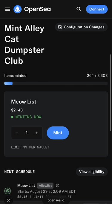 The image shows an OpenSea minting page for the "Mint Alley Cat Dumpster Club" NFT collection, displaying "Meow List" minting status with 264/3,303 items minted at $2.43 each. The progress bar and minting indicator visually confirm the creator's excited post about achieving 264 mints in just 17 minutes.