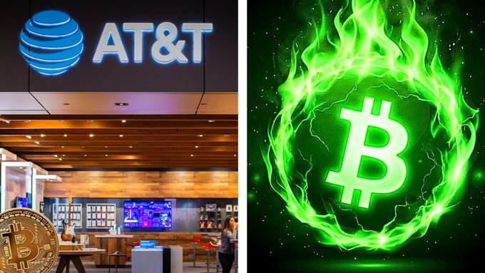 A split image showing an AT&T store with a Bitcoin coin on the left, and a glowing green Bitcoin logo surrounded by flames on the right.