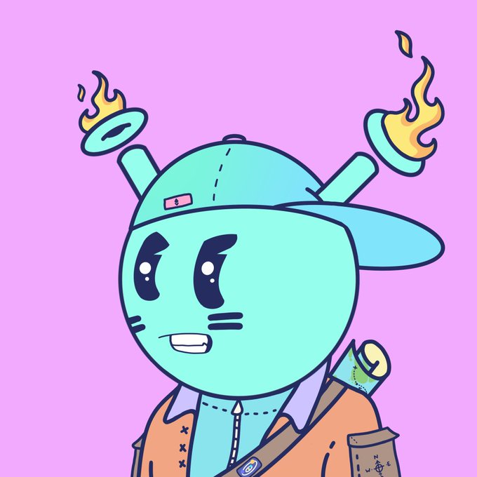A cartoon illustration shows a mint-green character wearing a backward cap with small flaming halos above its head, set against a purple background.