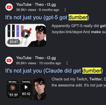 The image shows two YouTube video thumbnails from Theo -t3.gg titled "It's not just you (gpt-5 got dumber)" with 56.6K views and "It's not just you (Claude did get dumber)" with 60.8K views, both highlighting claims that AI models have declined in performance. The post relates by drawing a parallel: just as users have noticed AI models getting "dumber," the suggested solution allows organizations to cap spending so engineers can still maximize their AI tool usage despite perceived performance declines.
